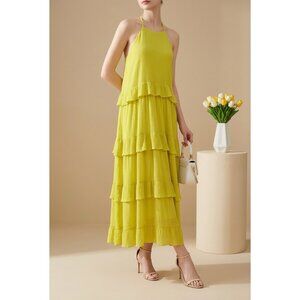 AURA  Halter Maxi Dress Tired Ruffles Fully Lined Yellow